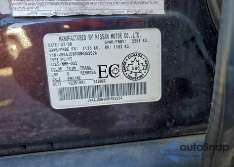 2008 Infiniti Ex35 Base z USA, uszkodzony, nr VIN JNKAJ09FX8M362624